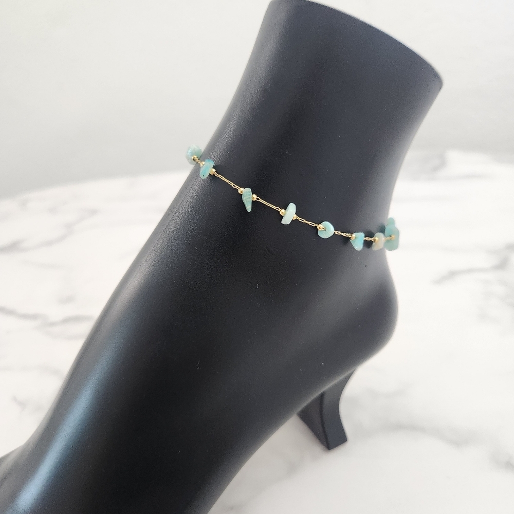 Minimalist Dainty Green Stone Stainless Steel Gold Plated Anklet - Picture 6 of 15